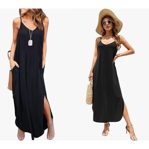 Huskary Black Dress Spaghetti Strap Maxi Dress Summer Dress Adjustable Straps XS
